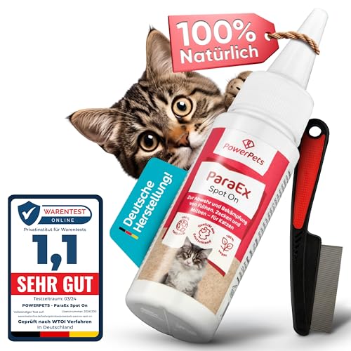 PowerPets - Spot On Zeckenschutz für Katzen inkl. GRATIS Flohkamm,100% natürlich & effektiv gegen Zecken,Flöhe & Haarlinge,Parasitenkur,40ml Tropfen gegen Zecken für Katzen halten für die ganze Saison von PowerPets