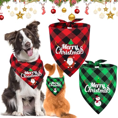2 Stück Hundehalstuch Weihnachten, Halstuch Hund Weihnachten, Rot mit Grün Weihnachtshalstuch Hund, Klassisches Karomuster, Geeignet für Hunde Aller Größen von Powmag