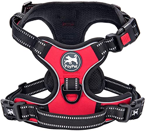 PoyPet Keine Pull Hundegeschirr Front Reflektierende Pet Weste für Hunde mit Einfache Kontrolle Griff und Rückseite perfekt für den täglichen Training, Walken, Running(Rot,L) von PoyPet