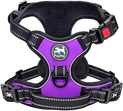 PoyPet Keine Pull Hundegeschirr Front Reflektierende Pet Weste für Hunde mit Einfache Kontrolle Griff und Rückseite perfekt für den täglichen Training, Walken, Running(Violett,S) von PoyPet