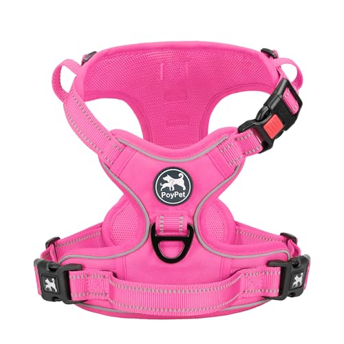 PoyPet Keine Pull Hundegeschirr, Reflektierendes Hundegeschirr für Hunde ohne Choke, Verstellbare, weich gepolsterte Haustierweste mit Easy Control-Griff für kleine bis große Hunde (Rosa Trimmen,XS) von PoyPet