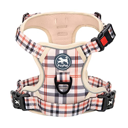 PoyPet Keine Pull Hundegeschirr Front Reflektierende Pet Weste für Hunde mit Einfache Kontrolle Griff und Rückseite perfekt für den täglichen Training, Walken, Running(Kariertes Beige,XL) von PoyPet