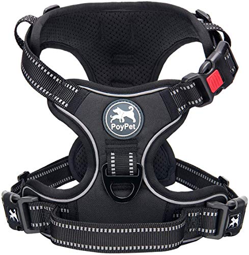 PoyPet Keine Pull Hundegeschirr Front Reflektierende Pet Weste für Hunde mit Einfache Kontrolle Griff und Rückseite perfekt für den täglichen Training, Walken, Running(Schwarz,XL) von PoyPet