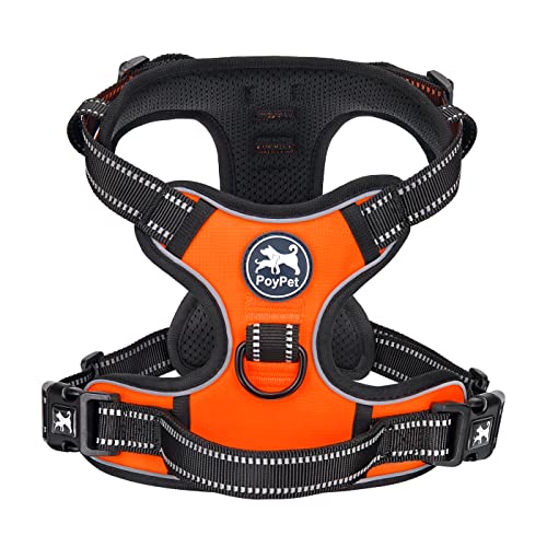 PoyPet No Pull Hundegeschirr, reflektierendes Westengeschirr mit 2 Leinenbefestigungen und einfachem Steuergriff für kleine mittelgroße Hunde (Orange,L) von PoyPet