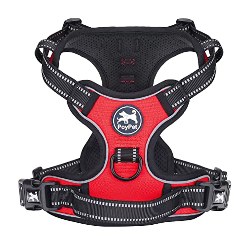 PoyPet No Pull Hundegeschirr, reflektierendes Westengeschirr mit 2 Leinenbefestigungen und einfachem Steuergriff für kleine mittelgroße Hunde (Rot, XL (1er Pack)) von PoyPet