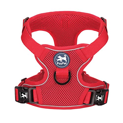 PoyPet Reflektierendes, weiches, atmungsaktives Hundegeschirr aus Mesh, erstickungsfreie, doppelt gepolsterte Weste mit verstellbarem Hals und Brust(Rot,L) von PoyPet