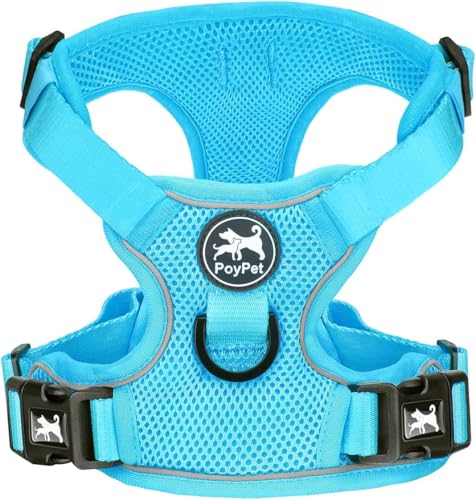 PoyPet Reflektierendes, weiches, atmungsaktives Hundegeschirr aus Mesh, erstickungsfreie, doppelt gepolsterte Weste mit verstellbarem Hals und Brust(Blau,S) von PoyPet