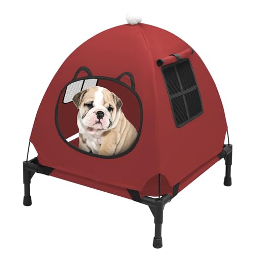 Pozico Erhöhtes Haustierbett mit atmungsaktivem Netzgewebe für kleine Katzen und Hunde, erhöhtes kühlendes Haustierbett für Welpen und Kätzchen, 48 x 48 cm (rotes Bett mit Baldachin) von Pozico