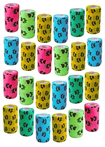 7,6 cm Tierarztbandage, Schwarz mit Pfotenabdrücken auf Gelb, Rot, Blaugrün, Blau, Neongrün und Neonrosa, 24 Stück, selbstklebende Flexbandage, Griffrolle für Hunde und Katzen von Prairie Horse Supply