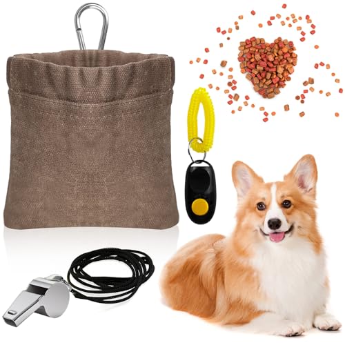 Prebarfun Leckerlibeutel für Hunde, Freihändige Futterbeutel Hundetraining, Leckerlitasche für Hunde mit Automatischem Verschluss, Hundeleckerli Tasche mit Karabiner, Hunde Clicker, Pfeifen(Grau) von Prebarfun