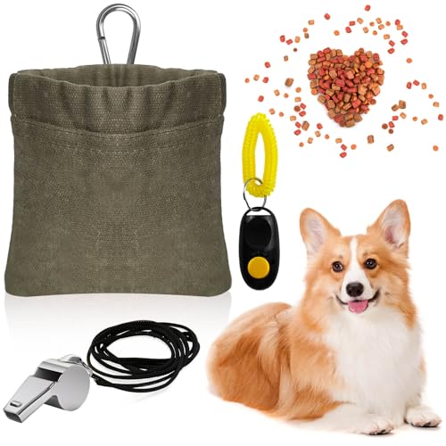 Prebarfun Leckerlibeutel für Hunde, Freihändige Futterbeutel Hundetraining, Leckerlitasche für Hunde mit Automatischem Verschluss, Hundeleckerli Tasche mit Karabiner, Hunde Clicker, Pfeifen (Grün) von Prebarfun