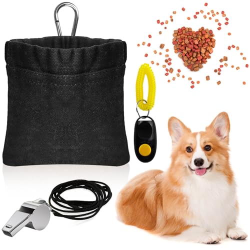 Prebarfun Leckerlibeutel für Hunde, Freihändige Futterbeutel Hundetraining, Leckerlitasche für Hunde mit Automatischem Verschluss, Hundeleckerli Tasche mit Karabiner, Hunde Clicker, Pfeifen (Schwarz) von Prebarfun
