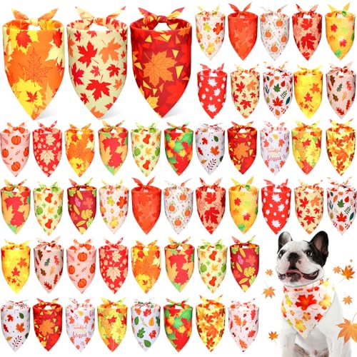 Preboun Herbsthalstücher für Hunde, Dreieckstuch mit Ahornblättern, Kürbismuster für kleine, mittelgroße und große Haustiere, Kostümzubehör (65 x 45 x 45 cm), 50 Stück von Preboun