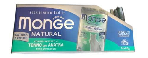 Monge Natural Supremium Quality Nassfutter für ausgewachsene Katzen, Geschmack Thunfisch mit Ente gedämpft, Packung mit 24 Beuteln (1 Beutel = 80 g) Ohne Farb- und Konservierungsstoffe von Premiun