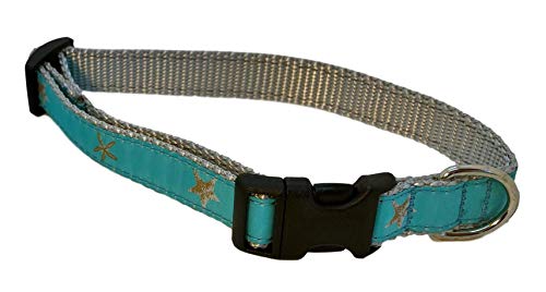 Preston Aqua Seestern-Hundehalsband – Naturfarbene Seesterne auf hellblau-grünem Band mit silbergrauem Nylongewebe (klein) von Preston Inc