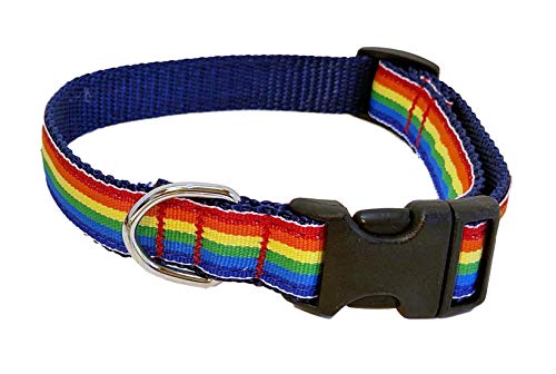 Preston Hundehalsband, Regenbogenfarben, gestreiftes buntes Band auf marineblauem Nylon-Gurtband, Größe M von Preston Inc