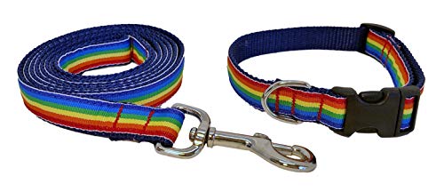 Preston Hundehalsband und Leine, Regenbogenfarben, gestreiftes buntes Band auf marineblauem Nylon-Gurtband, Größe XS von Preston Inc