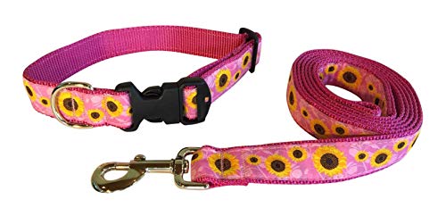 Preston Hundehalsband und Leine, Sonnenblumenmotiv, Pink/Gelb mit Blumenband auf rosa Nylonband, Large, Pink, Yellow, Brown von Preston Inc