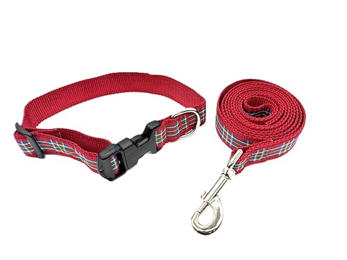 Preston strapazierfähiges, verstellbares Hundehalsband oder Hundeleine, Königsrot kariert, Haustierzubehör in verschiedenen Größen für Hunde von XL bis XS (Set mit mittlerem Halsband und großer Leine) von Preston Leather