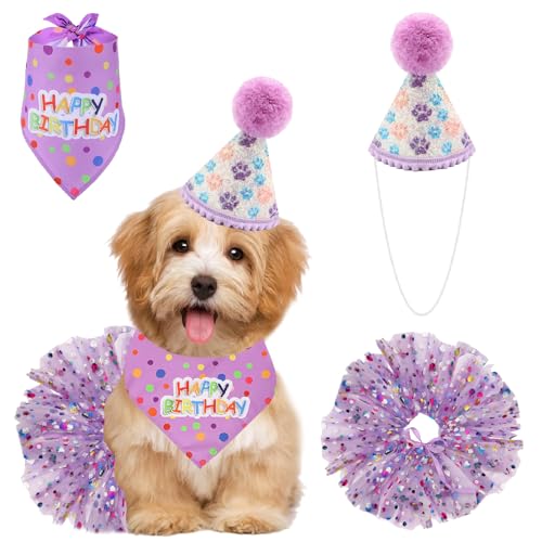 Hunde-Geburtstags-Outfit-Set für Mädchen, Welpen, niedliches Tutu-Kleid, Geburtstagstuch, Partyhut, Hunde-Geburtstagsparty-Bandana-Tutu-Set, Hundehalstücher mit Hut und Kleid, Mädchen-Set für kleine Hunde-Geburtstags-Outfit-Set für Mädchen, Welpen, niedliches Tutu-Kleid, Geburtstagstuch, Partyhut, Hunde-Geburtstagsparty-Bandana-Tutu-Set, Hundehalstücher mit Hut und Kleid, Mädchen-Set für kleine von Pretwad