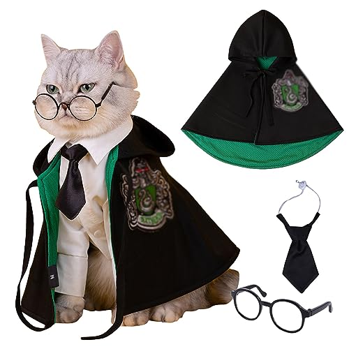 Zauberer Kostüm für Hunde Katzen Umhang mit Brille Krawatte Halloween Haustier Kleidung Magische Hexerei Cosplay Robe Set von Prevently