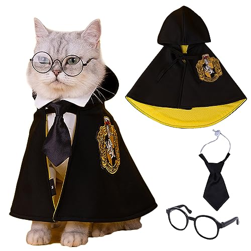 Zauberer Kostüm für Hunde Katzen Umhang mit Brille Krawatte Halloween Haustier Kleidung Magische Hexerei Cosplay Robe Set von Prevently