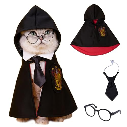 Zauberer Kostüm für kleine Hunde Katzen Umhang Halloween Haustier Kleidung Magische Hexerei Cosplay Robe Set mit Brille Krawatte von Prevently