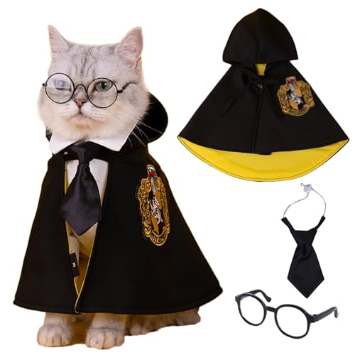 Zauberer Kostüm für kleine Hunde Katzen Umhang Halloween Haustier Kleidung Magische Hexerei Cosplay Robe Set mit Brille Krawatte von Prevently