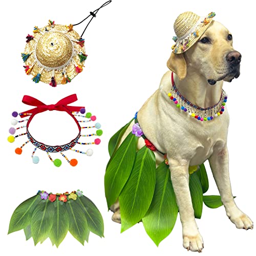 3-teiliges Hunde-Sommer-Kostüm, Hula-Kleid, Quaste, Strohhut, Boho-Hals, Haustier-Kostüm für mittelgroße und große Hunde (3 Stück) von PriPre