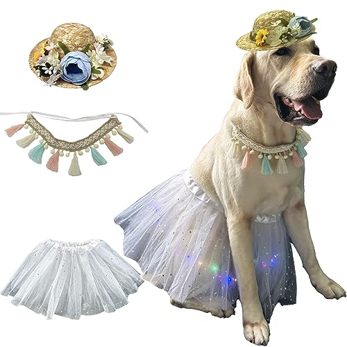 3-teiliges Hunde-Sommer-Kostüm, LED-Pailletten, Tutu-Kleid, bunter Kranz, Strohhut, Boho-Ausschnitt, Haustier-Kostüm für mittelgroße und große Hunde (3 Stück) von PriPre