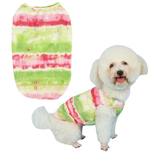 Ärmelloses T-Shirt mit Batikfärbung, für Frühling und Sommer, dünne Baumwolle, für Welpen, Hundekleidung, niedlicher Batikdruck, Größe L, Grün von PriPre