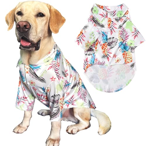 Hawaii-Shirt für Hunde – weißes Polo-T-Shirt mit Früchten, atmungsaktiv, cooler Strand-Stil, Sommerkleidung für große Hunde, Jungen und Mädchen (XXL, Früchte) von PriPre