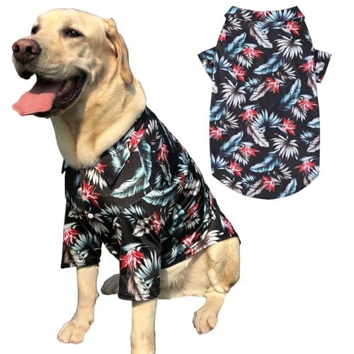 Hunde-Hawaii-Shirt, schwarzes Blattmuster, Polo-T-Shirts, atmungsaktiv, cooler Strand-Stil, Sommerkleidung für Hunde, Jungen, Mädchen, Größe L, Schwarz von PriPre