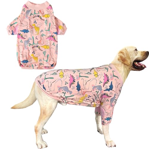 Hunde-T-Shirt, buntes Dinosaurier-Muster, Hundekleidung für große, mittelgroße und kleine Hunde, atmungsaktiv, dehnbar, Baumwolle, Hunde-Pyjama (M, Rosa Dino) von PriPre