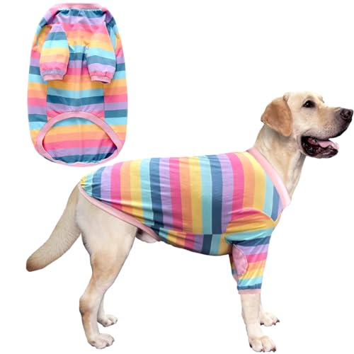 Hunde-T-Shirt, gestreift, Batikfärbung, Hundehemd für mittelgroße und große Hunde, atmungsaktiv, dehnbar, Baumwolle, Knie-Schutz, Schlafanzug, S-3XL von PriPre