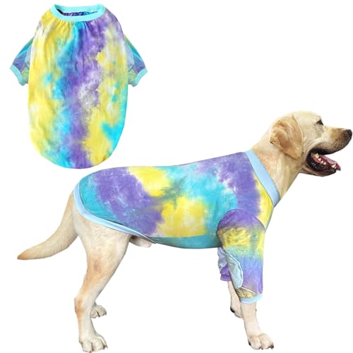 Hunde-T-Shirt, gestreift, Batikfärbung, Hundehemd für mittelgroße und große Hunde, atmungsaktiv, dehnbar, Baumwolle, Knie-Schutz, Schlafanzug, S-3XL von PriPre