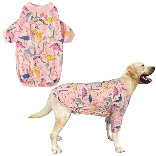 Hunde-T-Shirts, buntes Dinosaurier-Muster, Hundekleidung für große, mittelgroße und kleine Hunde, atmungsaktiv, dehnbare Baumwolle, Hunde-Pyjama (XXL, Rosa Dino) von PriPre