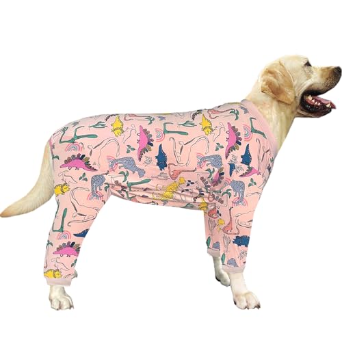 PriPre Hunde-Pyjama aus Baumwolle mit buntem Dinosaurier-Muster, Einteiler für große Hunde, vollständige Abdeckung, Schlafanzug, Haustier-Shirt, Pyjama (3XL, rosa Dinosaurier) von PriPre