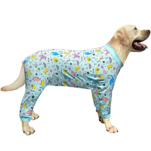 PriPre Hunde-Schlafanzug aus Baumwolle mit Dinosaurier-Muster, Regenbogen, Einhorn-Einteiler für große Hunde, volle Abdeckung, schläfer, Haustier-Shirts (3XL, blauer Dinosaurier) von PriPre