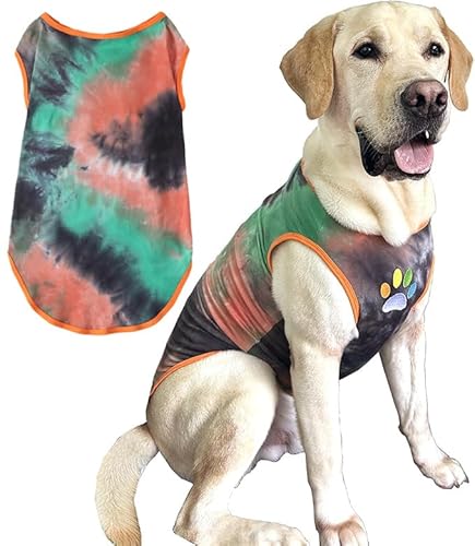 PriPre Hunde-Shirt, Hundeweste, Sommer, Batikfärbung, kühl, atmungsaktiv, Baumwolle, T-Shirt, Größe M, L, für Jungen und Mädchen (Grün-Orange, M) von PriPre