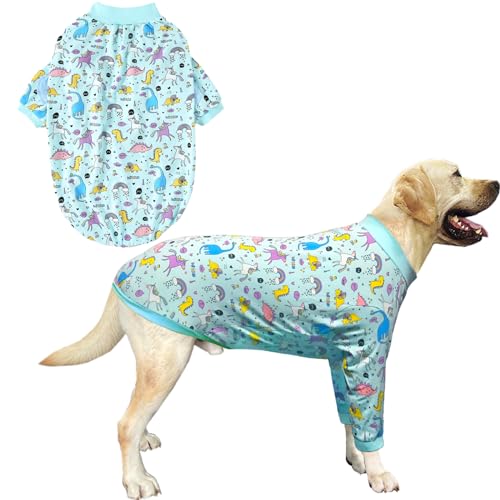 PriPre Hunde-Shirts gestreift mit Dinosaurier-Muster, Regenbogen, Einhorn-Hundekleidung für große, mittelgroße und kleine Hunde, atmungsaktiv, dehnbar, Hunde-Pyjama (XXL, blauer Dinosaurier) von PriPre