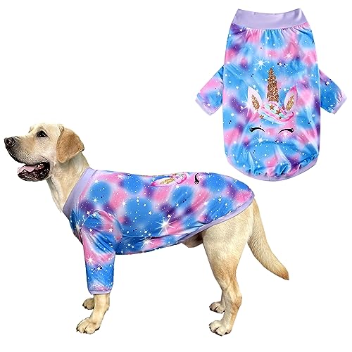 PriPre Hunde-T-Shirt, blau-violett, Tiedy-T-Shirts, glänzendes Einhorn-Muster, bedrucktes Haustier-Shirt, weicher Schlafanzug für große Hunde (XL, Blau) von PriPre