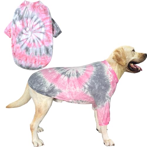 PriPre Hunde-T-Shirt, gestreift, Batik, Hundekleidung für große Hunde, atmungsaktiv, dehnbar, Baumwolle, Größe S-3XL, Rosa von PriPre