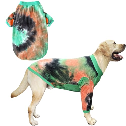 PriPre Hunde-T-Shirt, gestreift, Batikfärbung, Hundekleidung für große Hunde, atmungsaktiv, dehnbar, Baumwolle, Hunde-Pyjama (Grünorange, XXL) von PriPre