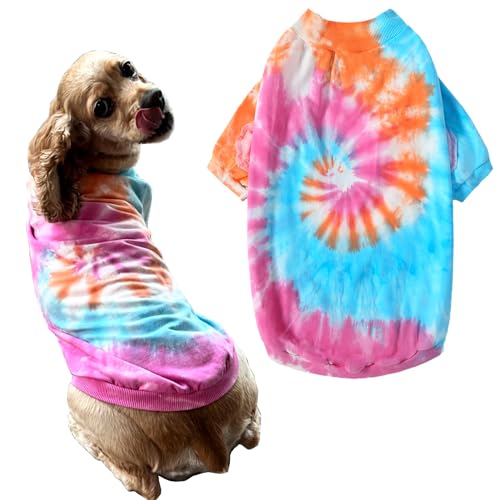 PriPre Hunde-T-Shirts mit Batikfärbung, 100 % Baumwolle, weiche Welpenkleidung, niedliches Batikmuster, Hunde-Shirt für kleine Hunde (klein, PinkOrg) von PriPre