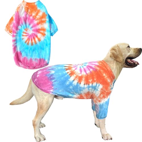 PriPre Hunde-T-Shirts mit Batikfärbung, 100 % Baumwolle, weiche Welpenkleidung, niedliches Batikmuster, Hunde-Shirt für mittelgroße und große Hunde (groß, PinkOrg) von PriPre