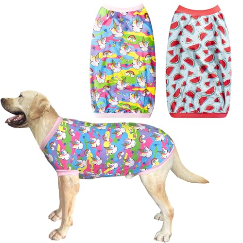 Wassermelone + Regenbogen-Einhorn, 2er-Pack, niedliche Drucke, Hundeweste, T-Shirt für große Hunde (2XL, Wassermelone, Einhorn) von PriPre