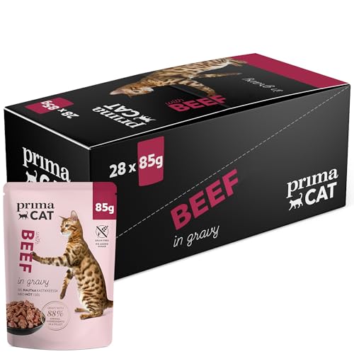 PrimaCat - Klassisches Nassfutter für Katzen, Geschmacksrichtung Rind in Bratensoße, 28er-Packung mit je 85 g von PrimaCat