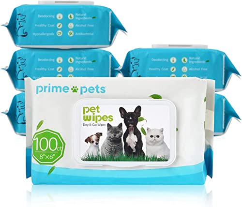 PrimePets Feuchttücher Pflegetücher für Hunde Katze, 6×100 Stück Reinigungstücher für Haustier, desodorierende Abwischtücher, natürlich antibakteriell zur Reinigung von Gesichtern Ohren Pfoten von PrimePets
