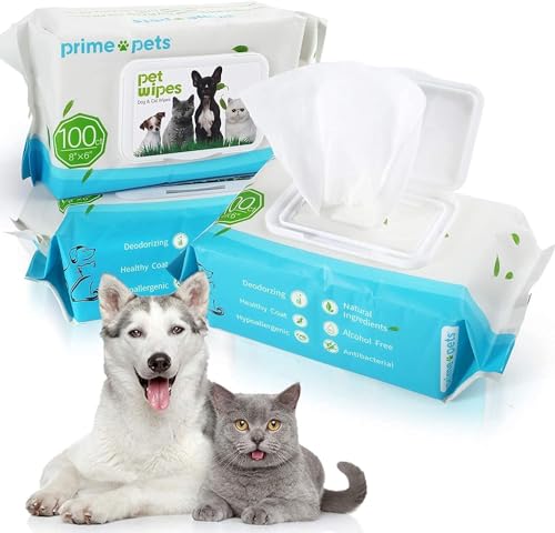 PrimePets Feuchttücher Pflegetücher für Hund Katze, 3×100 Stück Reinigungstücher für Haustier, desodorierende Abwischtücher, natürlich antibakteriell zur Reinigung von Gesichtern Ohren Pfoten von PrimePets